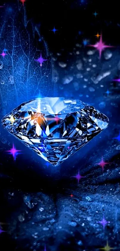 Luminous blue diamond resting on a mysterious dark blue background.
