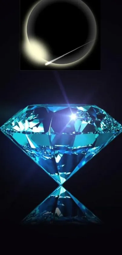 Vibrant blue diamond glowing on a dark reflective background.