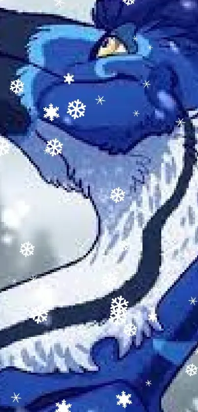 Blue dinosaur fantasy art with falling snow.