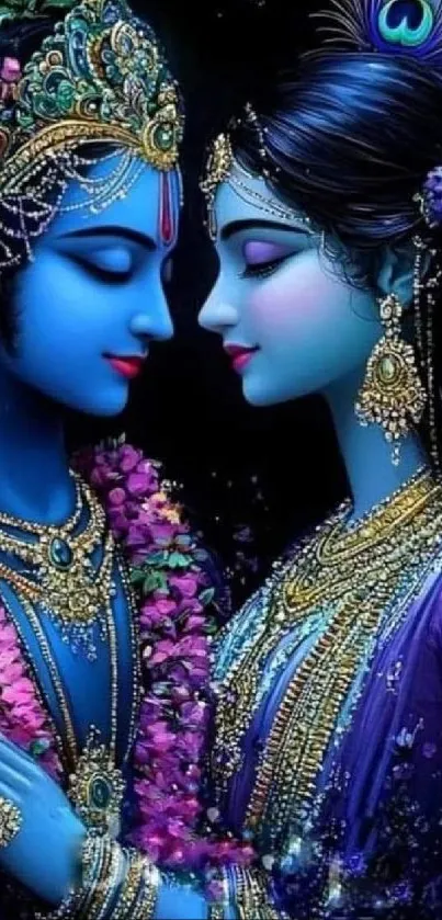 Artistic depiction of a blue-skinned divine couple in vibrant traditional attire.