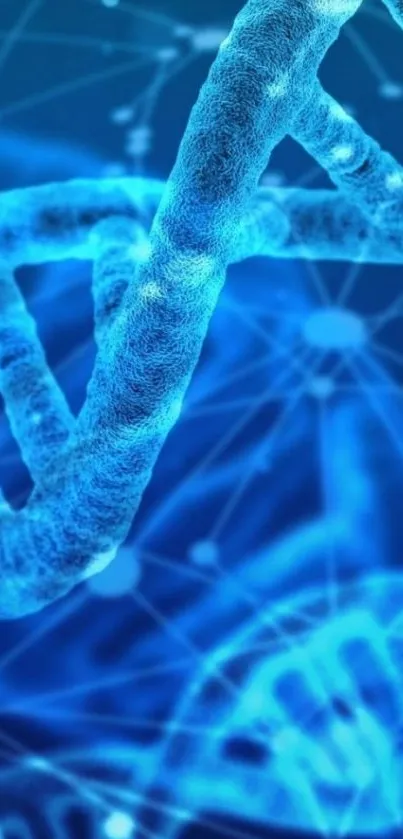 Blue DNA strands on a digital network background.