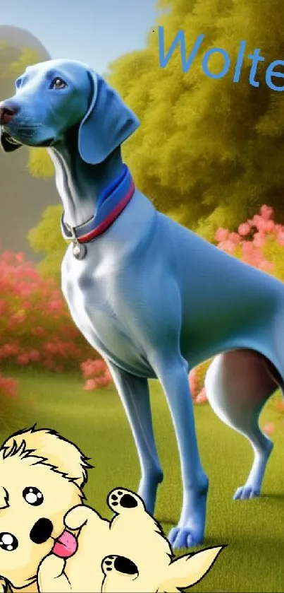 Cartoon wallpaper with a blue dog in a vibrant nature setting.