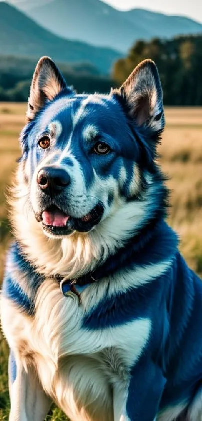 Blue dog sitting in natural landscape with mountains and field.