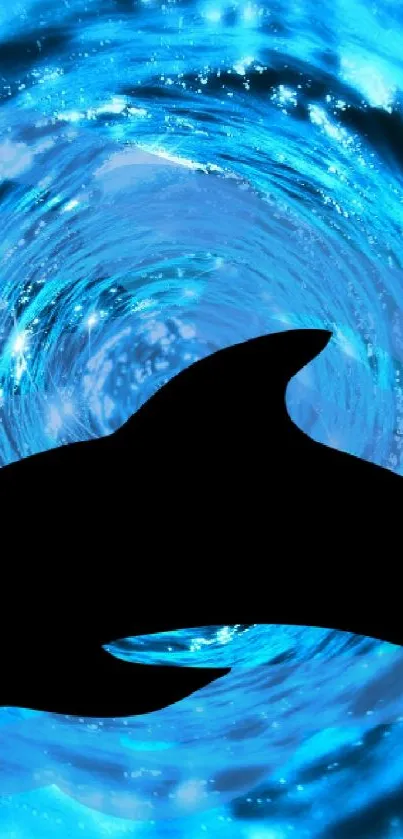 Silhouette of a dolphin in a blue swirling ocean vortex.