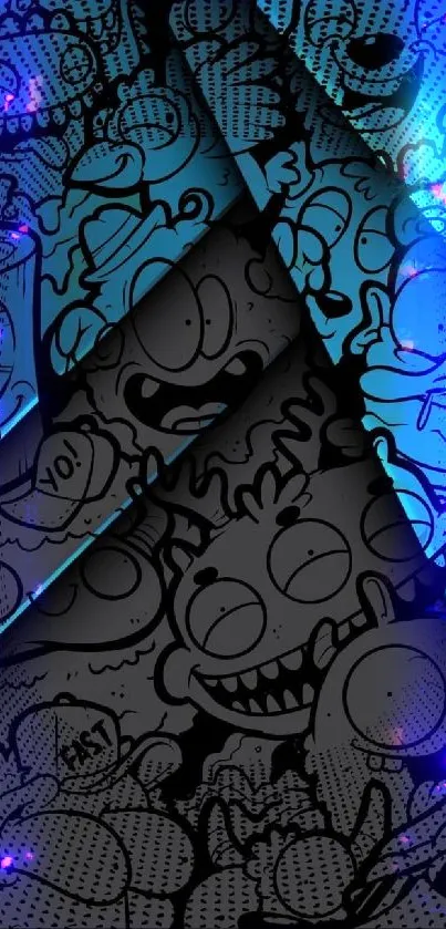 Vibrant blue doodle art mobile wallpaper with cartoonish designs.