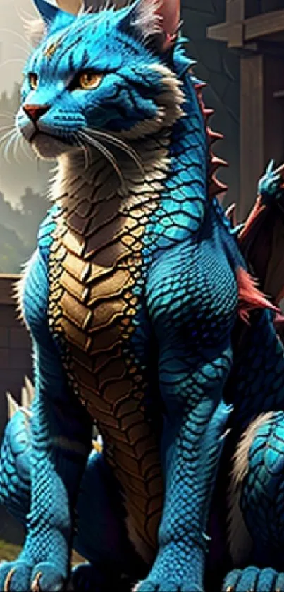 Blue dragon cat in a fantasy setting, perfect for phone wallpaper.