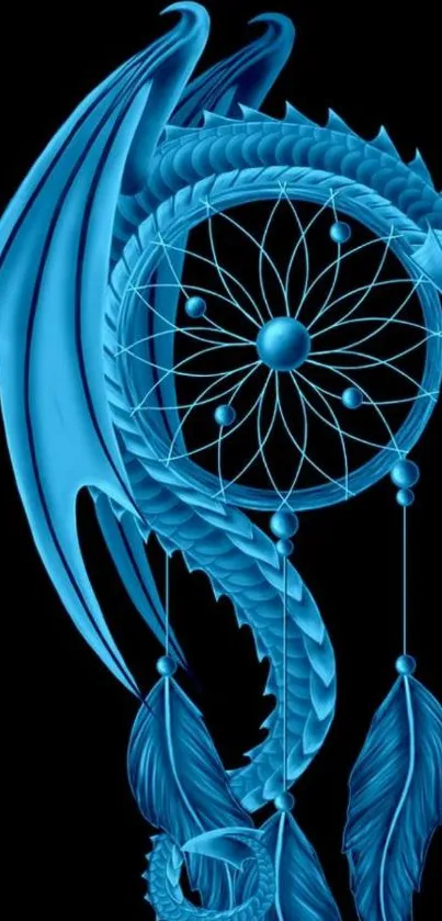 Blue dragon with dreamcatcher design on a black background for mobile wallpaper.