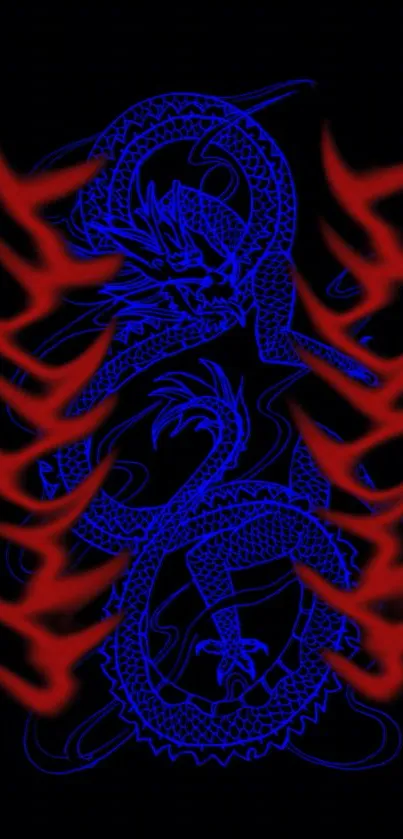 Neon blue dragon with red flames on black background.