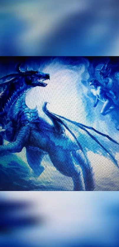 Fantasy artwork featuring a majestic blue dragon in flight.