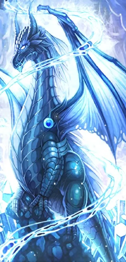 Mystical blue dragon with glowing crystals in fantasy art wallpaper.