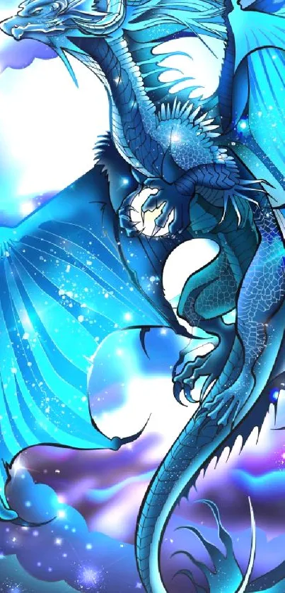 Vibrant blue dragon in a cosmic fantasy scene.