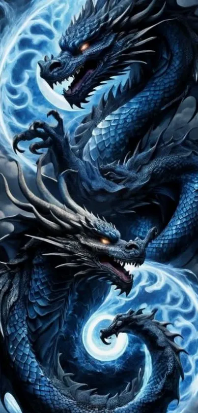 Artwork of a majestic blue dragon entwined with fiery elements in a fantasy scene.