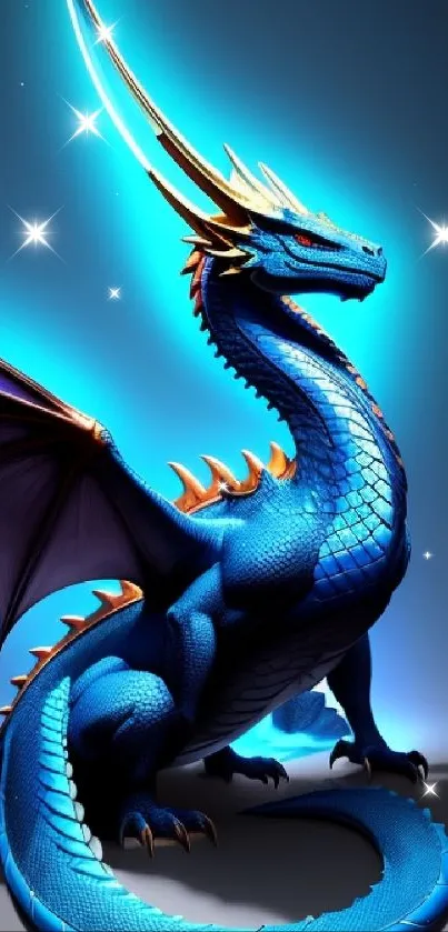 Vibrant blue dragon with glowing horns and wings in a fantasy art style.