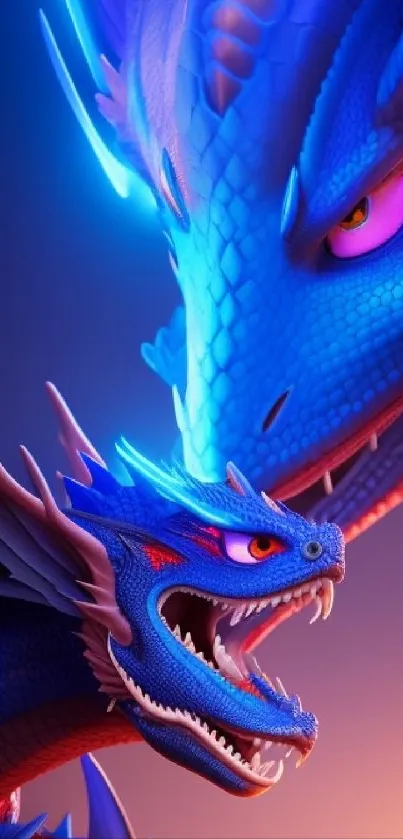 Vivid blue dragon fantasy artwork with glowing eyes.