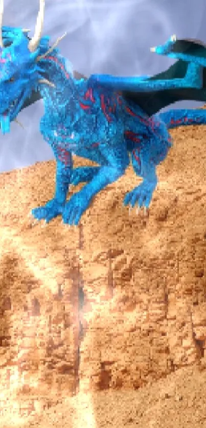 Blue dragon flying over a tan desert landscape with a clear sky.