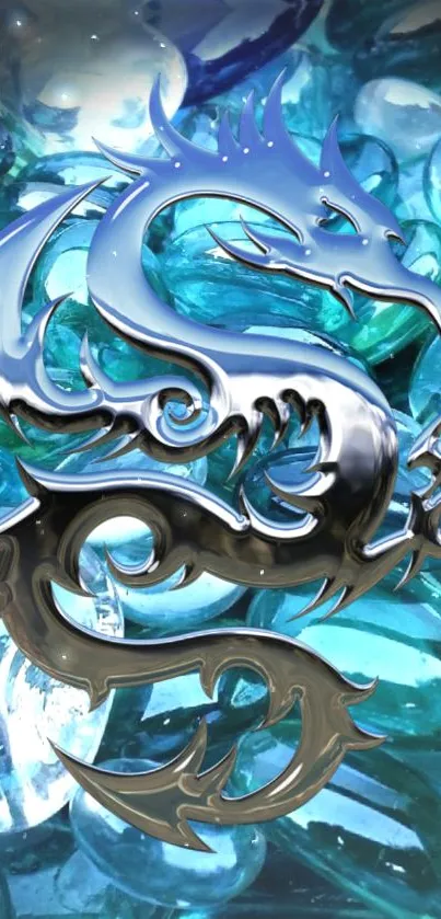 Metallic blue dragon art with shiny elements and vibrant blue background.