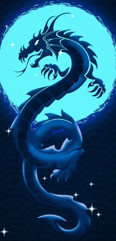 Blue dragon glowing in mystical design on a mobile wallpaper.