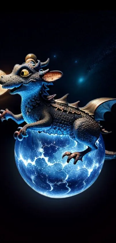 Blue dragon perched on a glowing moon.