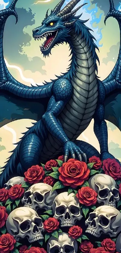 A blue dragon perches atop skulls and roses in a fantasy illustration.