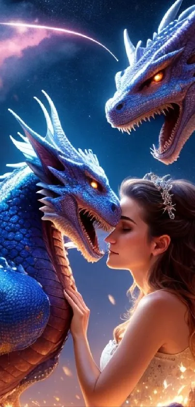 Woman with two blue dragons in a mystical fantasy scene.