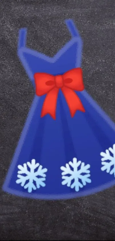 Blue dress with red ribbon and snowflakes on dark background.