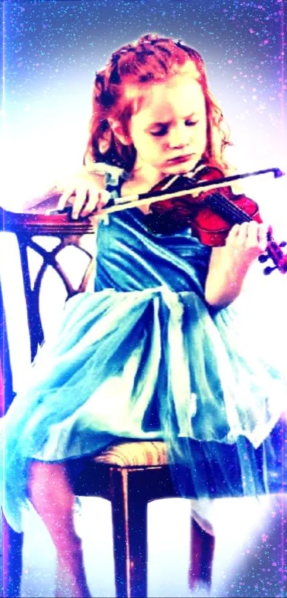 Girl in blue dress playing violin with artistic background.