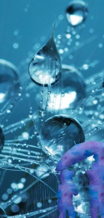 Artistic blue wallpaper with water droplets and abstract figures.