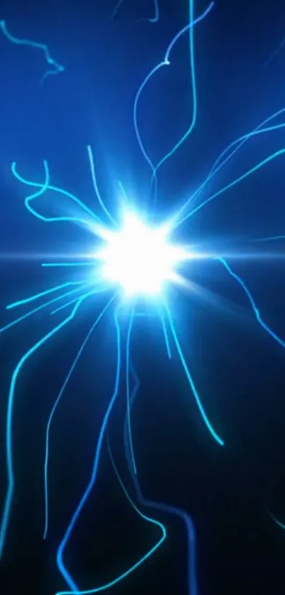 Dynamic blue electric burst with bright center on a dark background.