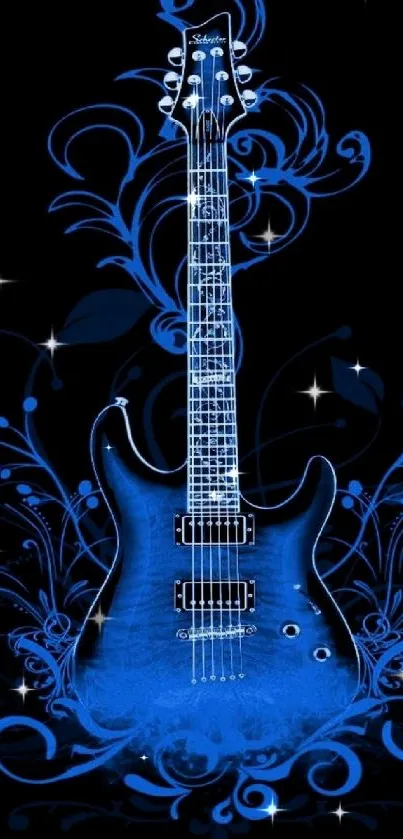 Blue electric guitar with floral design on a black background.