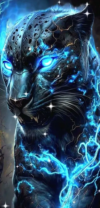 Fierce panther with glowing blue eyes and electric streaks.