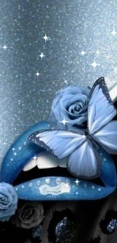 Elegant wallpaper with blue butterfly and roses on glitter background.