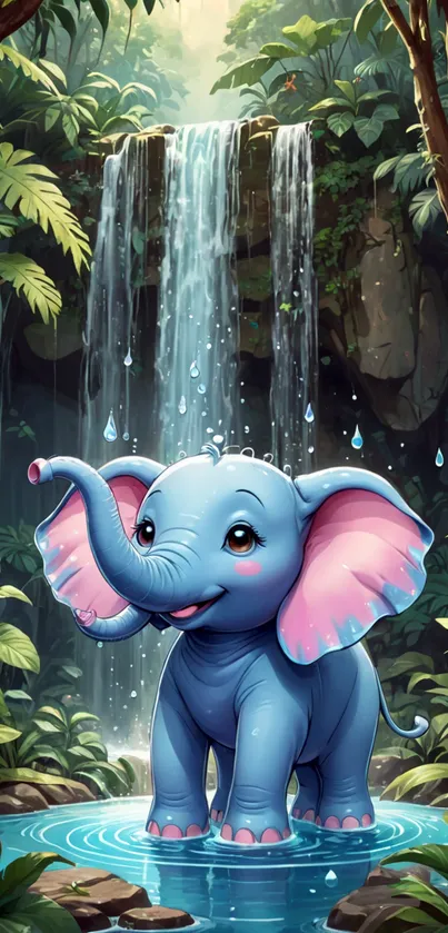 Cute blue elephant stands in a jungle waterfall setting, perfect for mobile wallpaper.