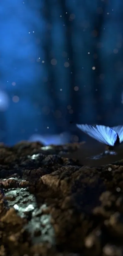 Blue butterflies flutter in an enchanted forest, creating a mystical nighttime scene.