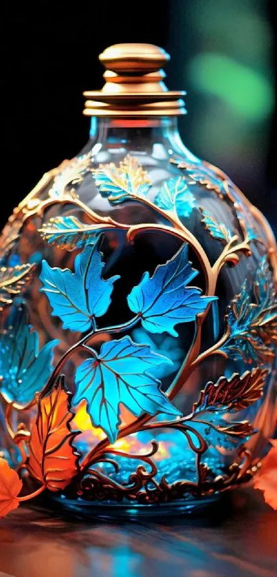 Intricately designed blue bottle with glowing leaf pattern.