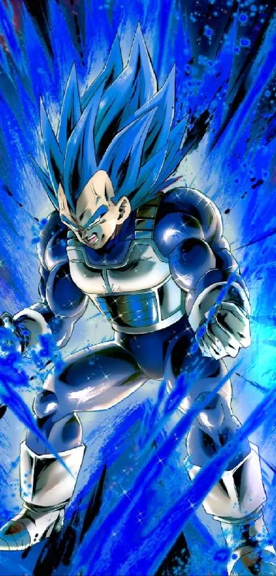 Anime character with blue energy on cosmic background.