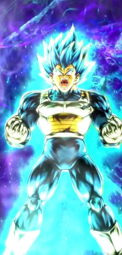 Anime character in Super Saiyan form with vibrant blue energy background.