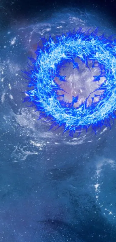 Dynamic blue energy vortex on a cosmic galaxy background.