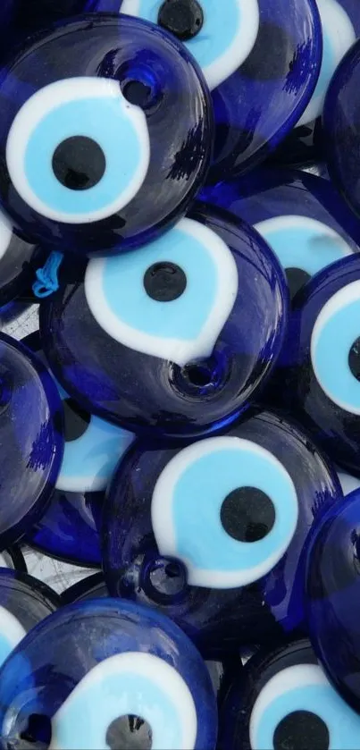 Close-up of blue evil eye charms for protection and decoration.