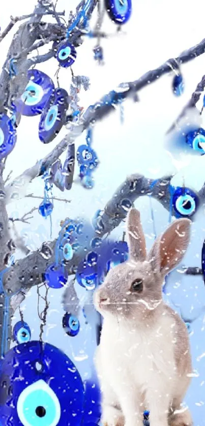 Rabbit and blue evil eye wallpaper with winter vibes.