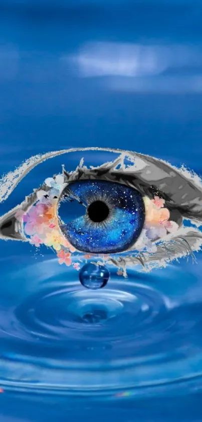 Abstract blue eye with cosmic iris on rippling water background.