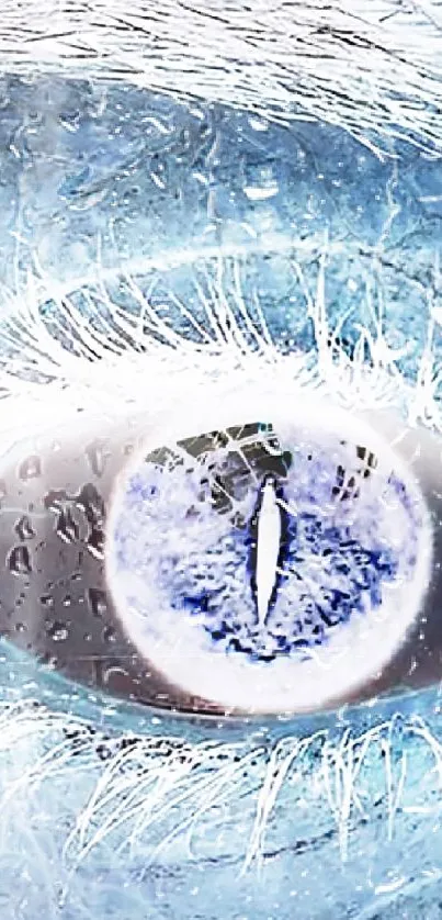 Close-up of a striking blue eye with textured artistic elements.