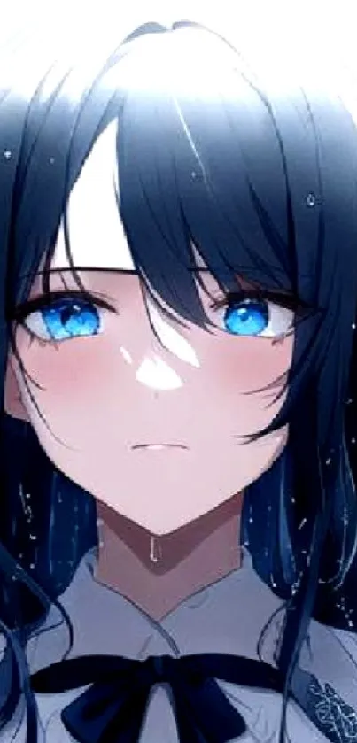 Anime girl with blue eyes in the rain, emotional and beautifully illustrated.