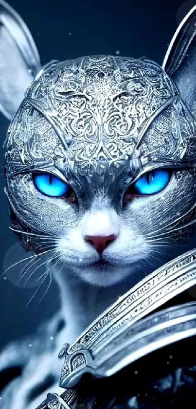 Blue-eyed armored cat in ornate fantasy design for mobile wallpaper.