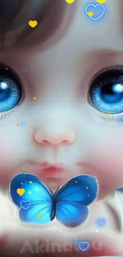 Whimsical blue-eyed baby with butterfly art wallpaper.