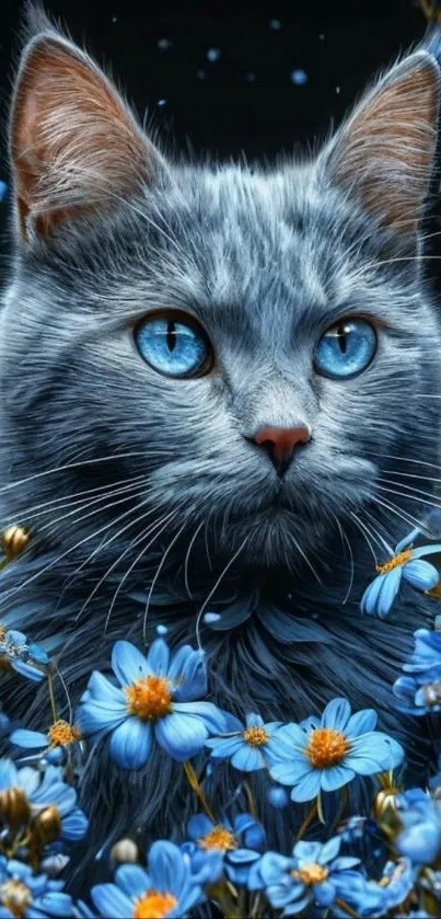Blue-eyed cat surrounded by blue flowers.
