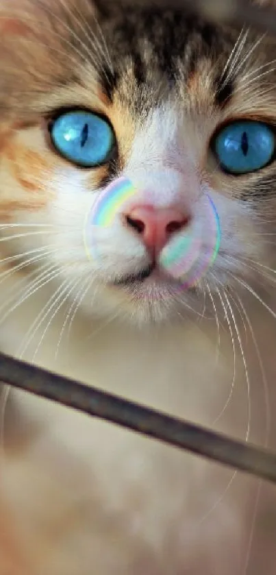 A blue-eyed cat looking through a wire fence, creating a striking mobile wallpaper.