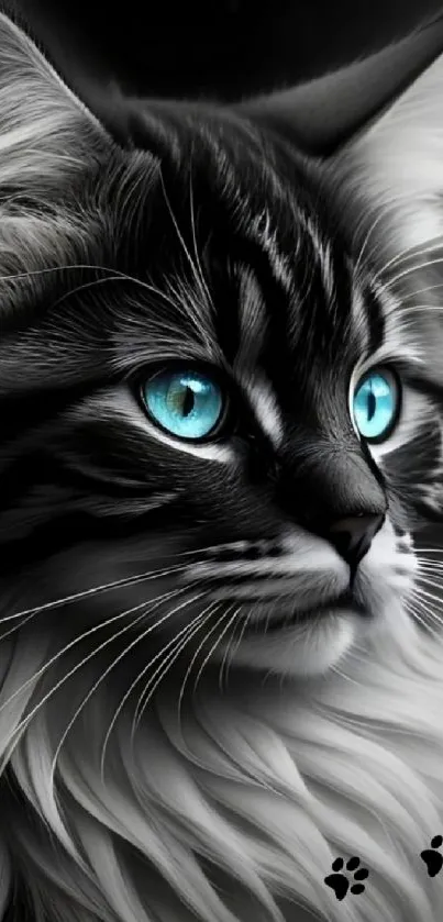 Portrait of a cat with striking blue eyes, black and white theme.