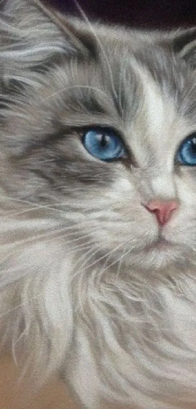 Realistic portrait of a blue-eyed cat, ideal wallpaper.