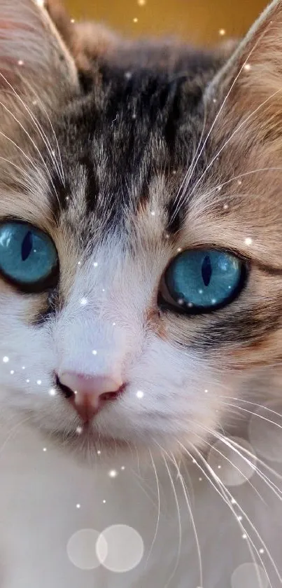 Close-up of a blue-eyed cat with sparkling details on a mobile wallpaper.