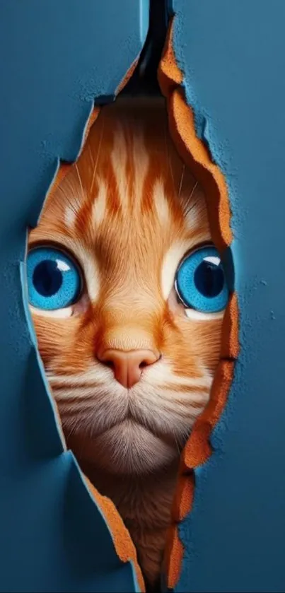 Orange cat with blue eyes peering through torn blue paper wallpaper.